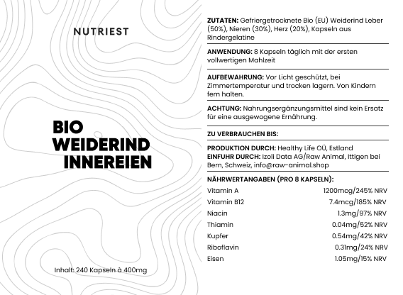Getrocknete Bio Weiderind Beef Organs in Kapseln