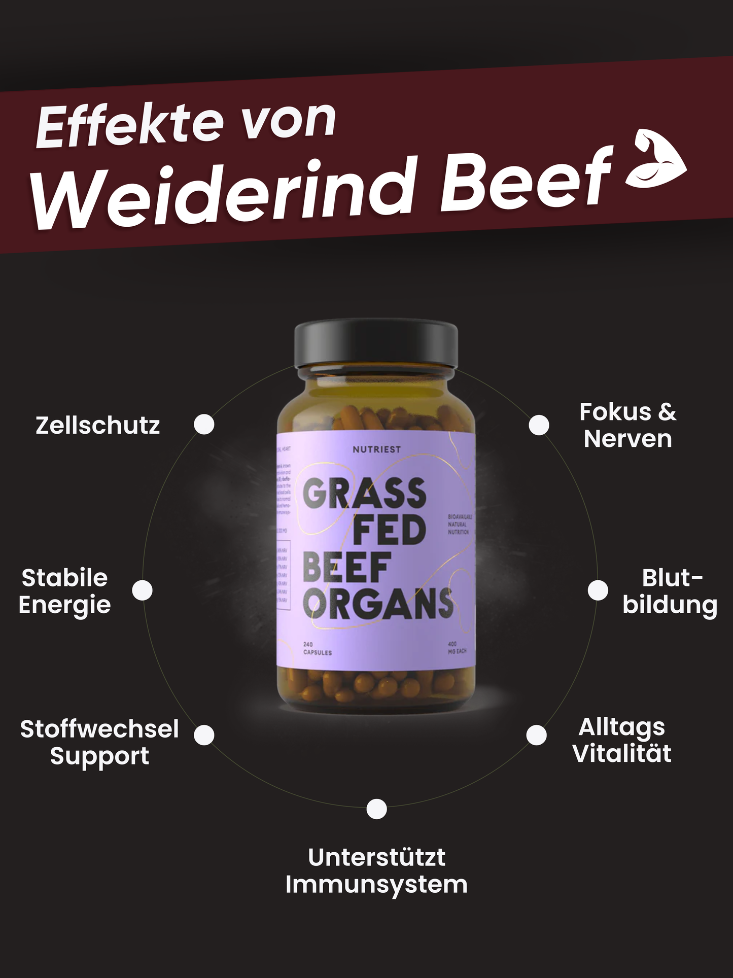 Getrocknete Bio Weiderind Beef Organs in Kapseln
