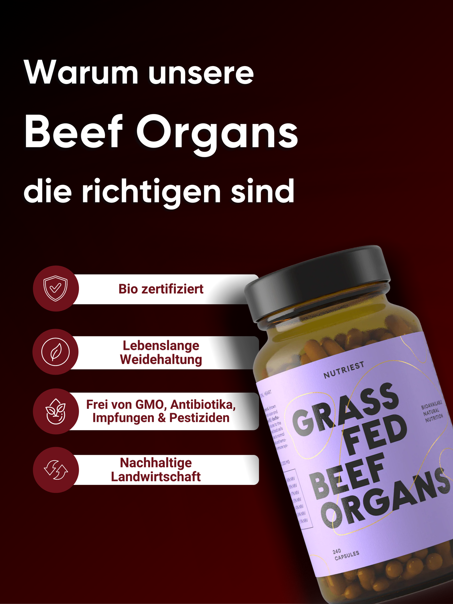 Getrocknete Bio Weiderind Beef Organs in Kapseln